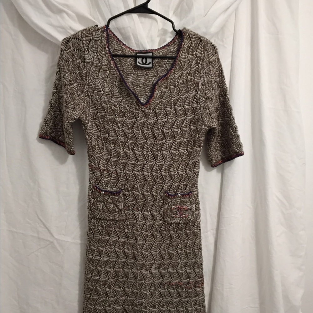 CHANEL Textured Knit Dress in Brown and Cream